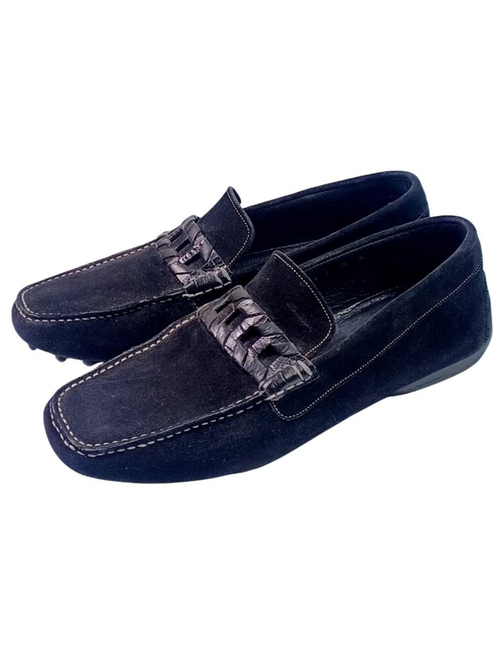 Santoni Black Suede Leather Moc Loafer Horsebit Driving Shoe 9
